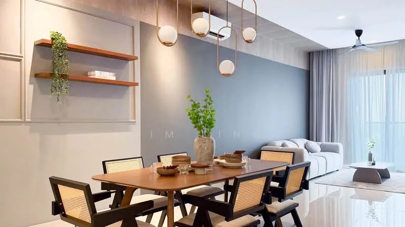 Dining features: wood dining table, 4 dining chairs with woven seats, decorative vase with greenery, wall-mounted shelving with decor, grey accent wall, recessed ceiling lights, pendant lighting fixture, polished tile flooring, floor-to-ceiling windows with sheer curtains, sofa in living area visible in background, ceiling fan; style: modern; view: garden.