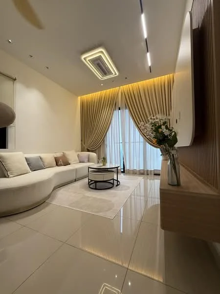Living features: cream fabric sectional sofa, round coffee table with black metal base, white area rug, floor-to-ceiling windows with sheer curtains, recessed LED downlights, wall-mounted TV, wood panel feature wall, decorative vase with flowers, light-colored wall, glossy tile flooring, ceiling-mounted air conditioning unit; style: modern.