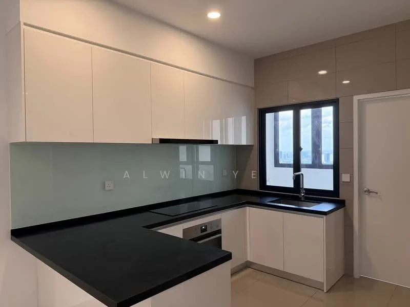 Kitchen features: white flat-panel cabinets, black countertop, glass backsplash, stainless-steel built-in oven, stainless-steel sink, chrome pull-down faucet, under-cabinet lighting, tile flooring, window with black frame, door to hallway; style: modern; view: city.