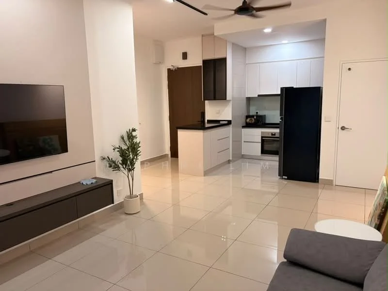 Living features: 3-seater fabric sofa in grey, wall-mounted TV, TV console with storage, recessed downlights, ceiling fan, large floor tiles, decorative plant in pot, open layout to kitchen; style: modern. Kitchen features: black countertop, white cabinetry, built-in oven, stainless-steel range hood, 4-burner gas hob, single-bowl stainless-steel sink, fridge, tile backsplash; style: modern.