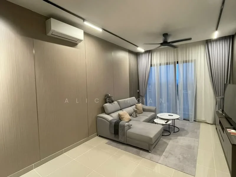 Living features: 3-seater fabric sofa in light grey, round coffee table in white, floor-to-ceiling windows, sheer curtains, blackout curtains, wall-mounted TV, light grey accent wall, recessed downlights, ceiling fan with light, air conditioning unit; style: modern; view: city.