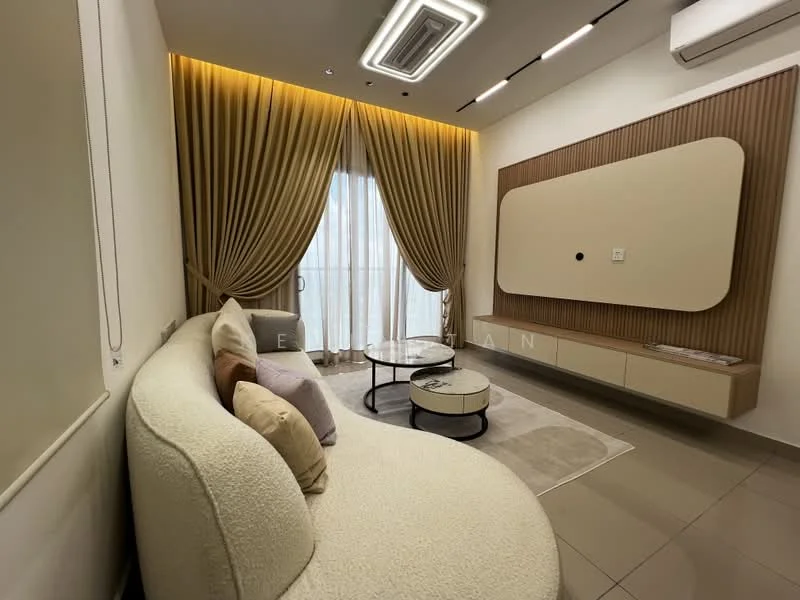 Living features: curved white fabric sofa, round coffee table, wall-mounted TV, light wood media console, floor-to-ceiling windows, sheer curtains, drapes in gold, recessed downlights, air conditioning unit, cream wall with wood paneling, neutral tile flooring; style: modern.