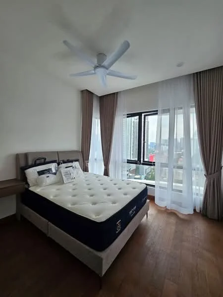 Bedroom features: king-size bed, upholstered headboard, 5-blade ceiling fan, floor-to-ceiling windows, sheer curtains, blackout curtains, wooden flooring, decorative pillows, nightstand, city view; style: modern; view: city.