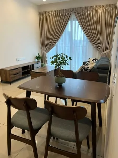 Dining features: wooden dining table, 4 wooden dining chairs with grey cushions, floor-to-ceiling windows, sheer curtains, curtains with tiebacks, light-coloured walls, ceramic tile flooring, wooden sideboard, decorative plant on table, sofa in background, zebra print throw pillows; style: modern; view: city.