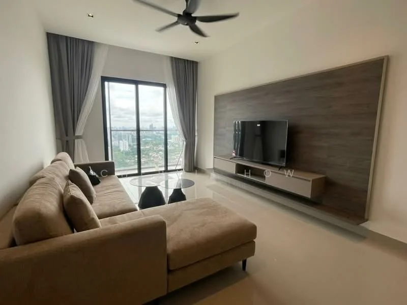 Living features: L-shape sectional sofa in beige, glass coffee table, wall-mounted TV, TV console with wood finish, floor-to-ceiling windows, curtains in grey, recessed downlights, polished tile flooring, ceiling fan with light; style: modern; view: city.