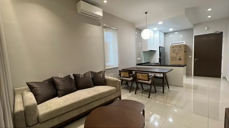 Living features: 3-seater fabric sofa in beige, coffee table, dining table with 4 chairs, kitchen island with seating, white painted walls, glossy tile flooring, recessed LED downlights, wall-mounted split AC, pendant light, floor-to-ceiling window, kitchen cabinetry, stainless-steel appliances; style: modern.