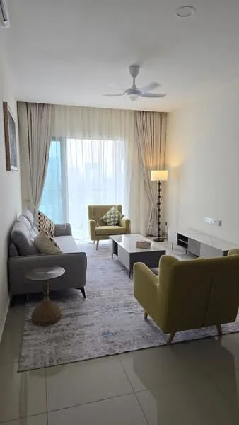 Living features: 3-seater fabric sofa in grey, 2-seater armchair in green, coffee table, floor lamp, area rug with geometric pattern, ceiling fan, floor-to-ceiling windows, sheer curtains, wall-mounted TV, decorative wall art; style: modern; view: city.