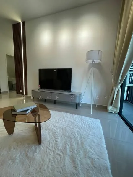 Living features: white painted walls, grey tiled flooring, floor-to-ceiling windows, sheer curtains, 3-blade ceiling fan, TV console, wall-mounted TV, coffee table, area rug with fluffy texture, standing lamp; style: modern.