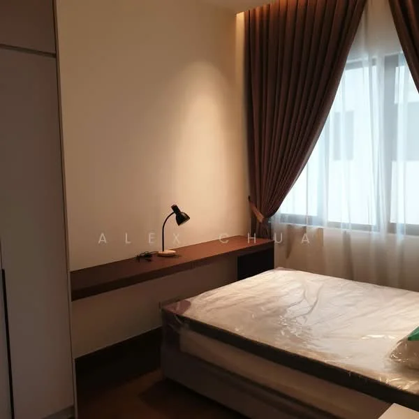 Bedroom features: queen-size bed, wooden headboard, bedside lamp, built-in wardrobe, brown curtains, white painted walls, wooden flooring, desk with shelf, floor-to-ceiling window; style: modern.