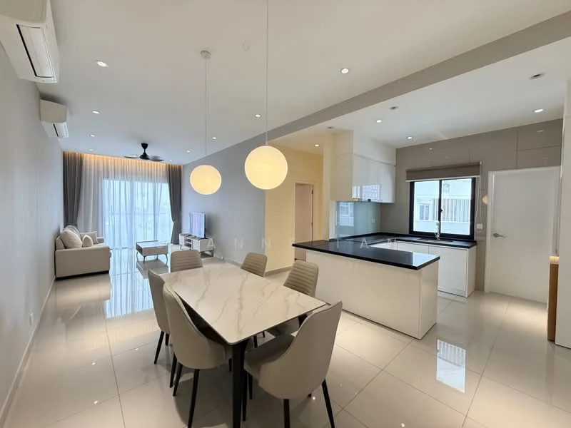 Dining features: 6-seater dining table with marble top, upholstered dining chairs, pendant lighting, recessed downlights, floor-to-ceiling windows, grey painted walls, polished ceramic tile flooring, air conditioning unit; style: modern; view: city. Living features: 3-seater fabric sofa in light color, coffee table, TV console, wall-mounted TV, recessed downlights, floor-to-ceiling windows, grey painted walls, polished ceramic tile flooring, air conditioning unit; style: modern; view: city. Kitchen features: island countertop with black surface, white cabinetry, built-in oven, stainless-steel fridge, stainless-steel sink, chrome pull-down faucet, ceramic tile backsplash, recessed downlights; style: modern.