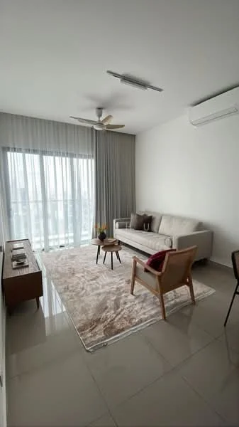 Living features: 3-seater fabric sofa in light grey, wooden coffee table, area rug with neutral tones, floor-to-ceiling windows, sheer curtains, 5-blade ceiling fan, wall-mounted air conditioning unit, decorative plant, wooden sideboard, accent chair in light wood; style: modern; view: city.