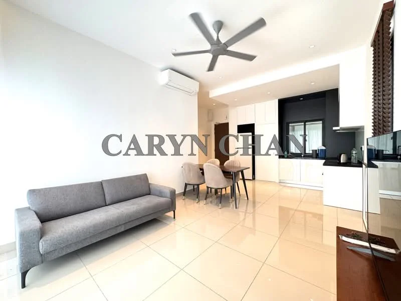 Living features: grey fabric sofa, 4-seater dining table, white tiled flooring, ceiling fan, wall-mounted TV, kitchen cabinetry with black accents, stainless-steel appliances, recessed lighting, large windows with natural light; style: modern.