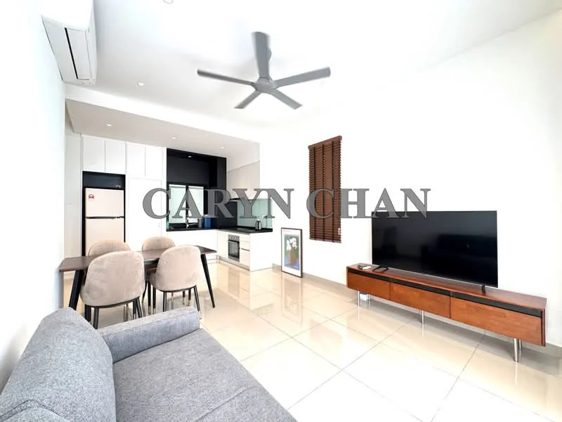 Living features: grey fabric sofa, 5-blade ceiling fan with light, wall-mounted TV, wooden TV console, marble tile flooring, large windows with wooden blinds, dining table with 4 upholstered chairs, open-plan layout to kitchen; style: modern. Kitchen features: white cabinetry, stainless-steel fridge, built-in oven, ceramic cooktop, black countertop, sink with faucet, open shelving, tile backsplash; style: modern.