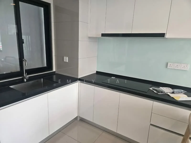 Kitchen features: white flat-panel cabinets, black granite countertop, single-bowl stainless-steel sink, chrome pull-down faucet, glass backsplash, tile flooring, window with black frame, built-in appliances, under-cabinet lighting; style: modern.