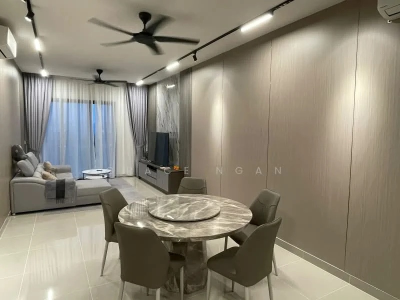 Living features: 3-seater fabric sofa in grey, round marble dining table, 4 upholstered dining chairs, floor-to-ceiling windows with sheer curtains, wall-mounted TV, light grey feature wall, recessed LED downlights, 5-blade ceiling fan, light-colored tile flooring, decorative wall paneling, soft furnishings, decorative items on the table; style: modern.