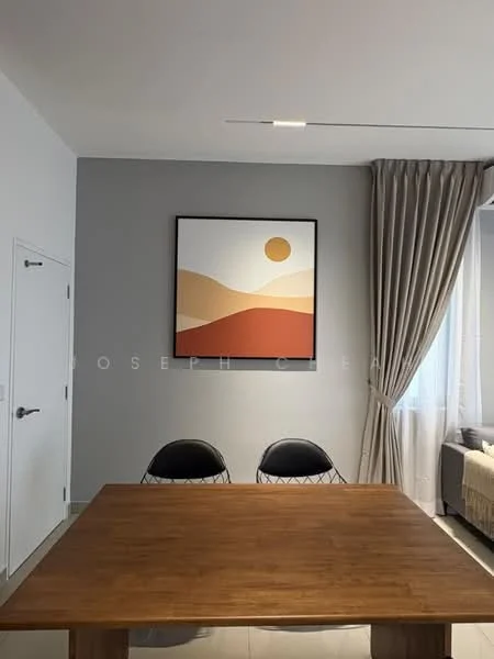 Dining features: wooden dining table, 2 black dining chairs with wire frame, grey accent wall, white painted walls, floor-to-ceiling window with sheer curtains, framed artwork with abstract design, recessed ceiling lights; style: modern.