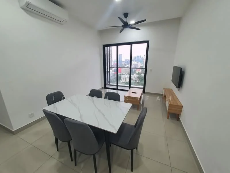 Dining features: 6-seater dining table with marble top, upholstered dining chairs in grey, floor-to-ceiling windows, city view, light grey tiled flooring, wall-mounted TV, wooden TV console, ceiling fan with light, air conditioning unit; style: modern; view: city.