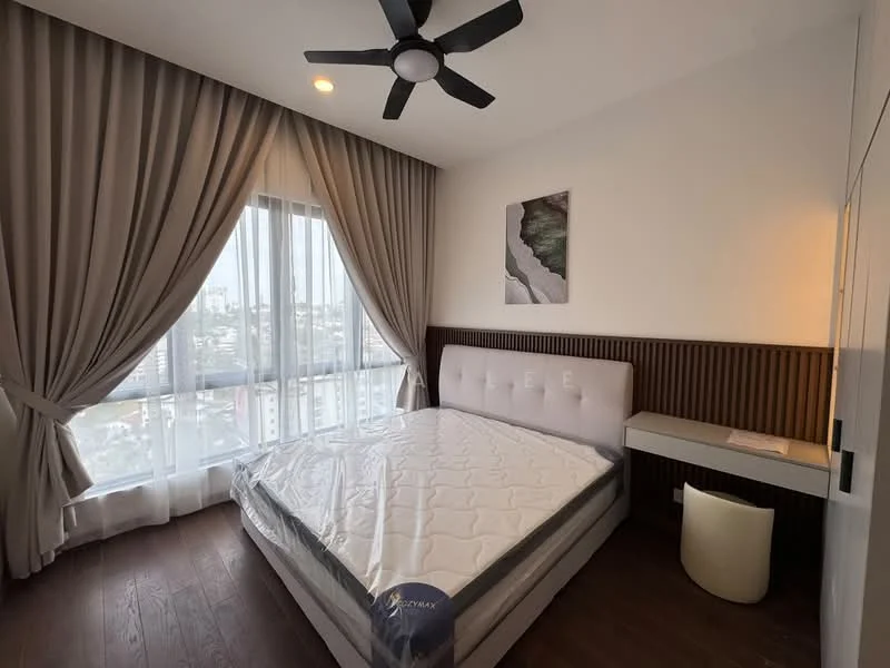 Bedroom features: queen-size bed, upholstered headboard, wooden flooring, floor-to-ceiling windows, sheer curtains, dark wood accent wall, ceiling fan with light, nightstand, decorative artwork, view of city skyline; style: modern; view: city.