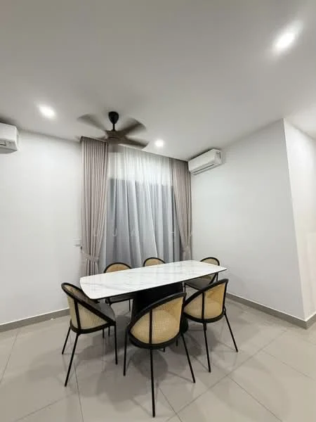 Dining features: white rectangular dining table, 6 dining chairs with woven seats, light grey tiled flooring, white painted walls, recessed LED downlights, 5-blade ceiling fan, floor-to-ceiling window with sheer curtains, air conditioning unit on wall; style: modern.