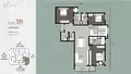 Floor plan: 3-bedroom 2-bathroom unit; features: open-plan kitchen-dining-living, master bedroom with ensuite bathroom, bedroom 2 with shared bathroom, utility room, balcony off living room, central foyer, 2 car porch, 1,250 sqft built-up.