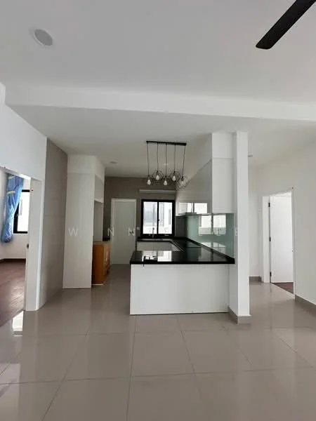 Kitchen features: black granite countertop, kitchen island, pendant lighting, white cabinets, ceramic tile flooring, open layout, large window for natural light, built-in cabinetry; style: modern.