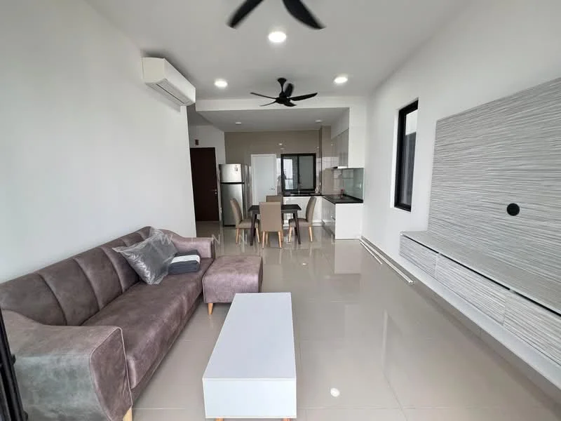 Living features: 3-seater fabric sofa in grey, white coffee table, wall-mounted TV console, recessed downlights, ceiling fan, large windows, glossy tile flooring, air conditioning unit; style: modern. Kitchen features: stainless-steel fridge, built-in kitchen cabinets, glass backsplash, countertop with sink, open-plan layout; style: modern.
