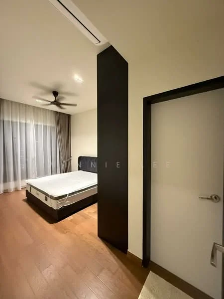 Bedroom features: wooden flooring, white painted walls, ceiling fan, floor-to-ceiling windows with sheer curtains, queen-size bed, upholstered headboard, nightstand, built-in wardrobe, door to hallway; style: modern.