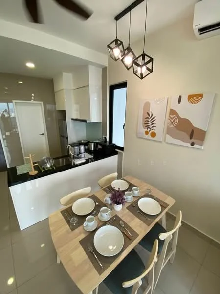 Kitchen features: black granite countertop, white high-gloss cabinetry, stainless-steel built-in oven, stainless-steel refrigerator, 4-burner gas hob, exhaust hood, pendant lighting with three fixtures, wall-mounted split AC, grey ceramic tile flooring, dining table with four chairs, decorative wall art, table setting with plates and cups; style: modern.