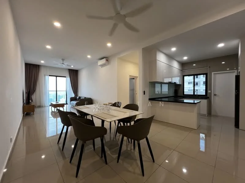 Living features: 3-blade ceiling fan, recessed LED downlights, floor-to-ceiling windows, sliding glass door, cream painted walls, glossy ceramic tile flooring, dining table with 6 chairs, kitchen island with black countertop, built-in cabinetry, curtains, sofa, TV console; style: modern; view: city.