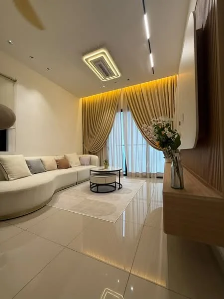 Living features: L-shape sectional sofa in cream, coffee table with black metal frame, marble tile flooring, recessed downlights, ceiling-mounted air conditioning unit, floor-to-ceiling windows with sheer curtains, wood panel accent wall, decorative vase with flowers, area rug with geometric pattern, wall-mounted TV console; style: modern.