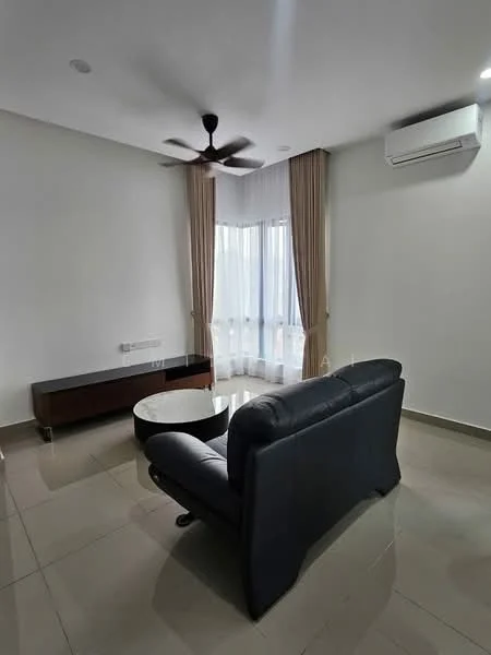 Living features: black leather sofa, round coffee table, 5-blade ceiling fan, wall-mounted split AC, floor-to-ceiling windows, sheer curtains, cream painted walls, glossy tile flooring; style: modern.
