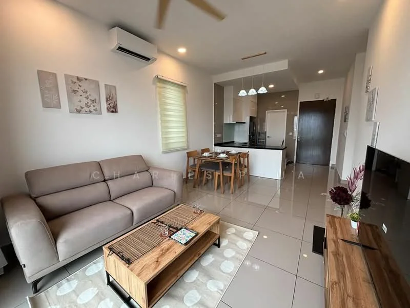 Living features: 3-seater fabric sofa in light grey, wooden coffee table, area rug with geometric pattern, wall-mounted TV, TV console, floor-to-ceiling windows with sheer curtains, recessed LED downlights, 1 wall-mounted split AC, dining table with 4 chairs, pendant lighting above dining area, open-plan layout with kitchen visible; style: modern. Kitchen features: white cabinetry, stainless-steel appliances, kitchen island, granite countertop, built-in oven, freestanding range oven, microwave, ceramic tile flooring; style: modern.