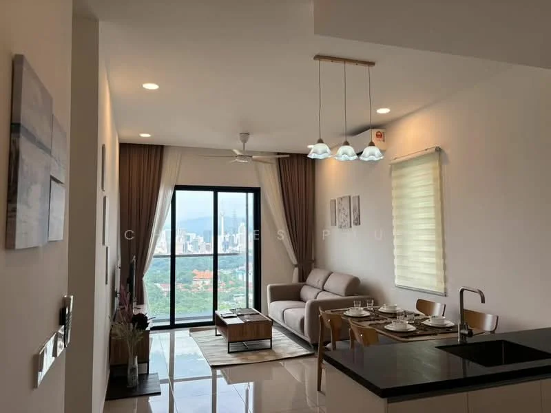 Living features: 3-seater fabric sofa in light grey, coffee table with wooden top, dining table for 4 with wooden chairs, floor-to-ceiling windows, city skyline view, white painted walls, recessed downlights, ceiling fan with light, curtains, decorative wall art; style: modern; view: city.