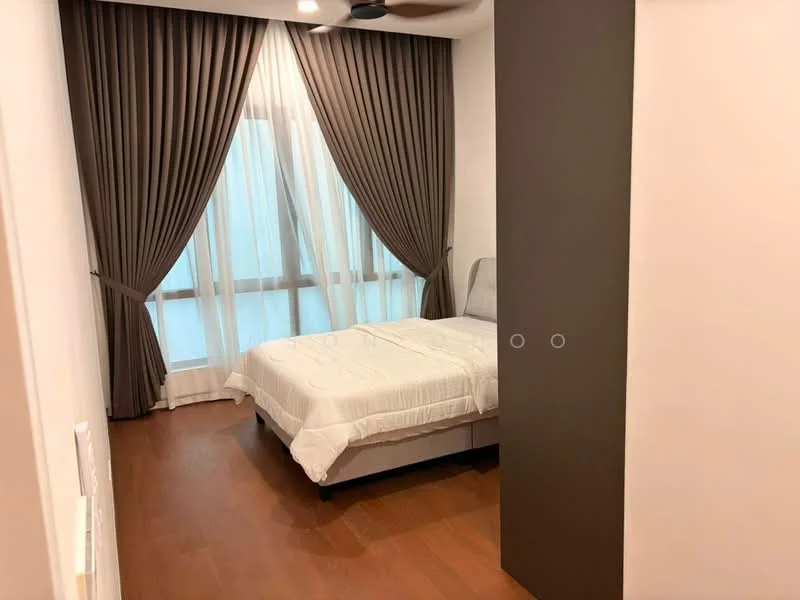 Bedroom features: queen-size bed, white bedding, floor-to-ceiling windows, sheer curtains, dark brown curtains, wooden flooring, ceiling fan, built-in wardrobe with sliding doors, decorative wall, neutral wall color; style: modern.