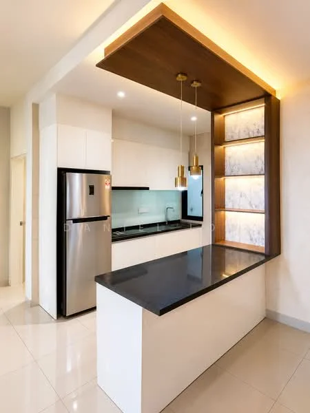 Kitchen features: stainless-steel fridge, black countertop, white cabinetry, glass backsplash, pendant lighting, built-in sink, modern faucet, open shelving, glossy tile flooring, recessed lighting; style: modern.