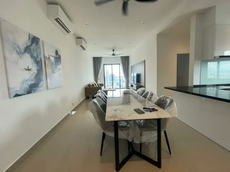 Dining features: marble dining table, 6 upholstered dining chairs, pendant light, floor-to-ceiling windows, grey curtains, white painted walls, recessed downlights, air conditioning unit, open-plan layout, view of outdoor space; style: modern; view: city. Living features: 3-seater fabric sofa, wall-mounted TV, TV console, recessed downlights, air conditioning unit, white painted walls, grey curtains; style: modern; view: city.