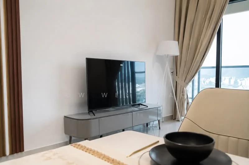 Living features: wall-mounted TV, TV console in grey, floor-to-ceiling windows, curtains in beige, lamp with white shade, light-colored flooring, neutral painted walls, decorative bowl on table; style: modern; view: city.