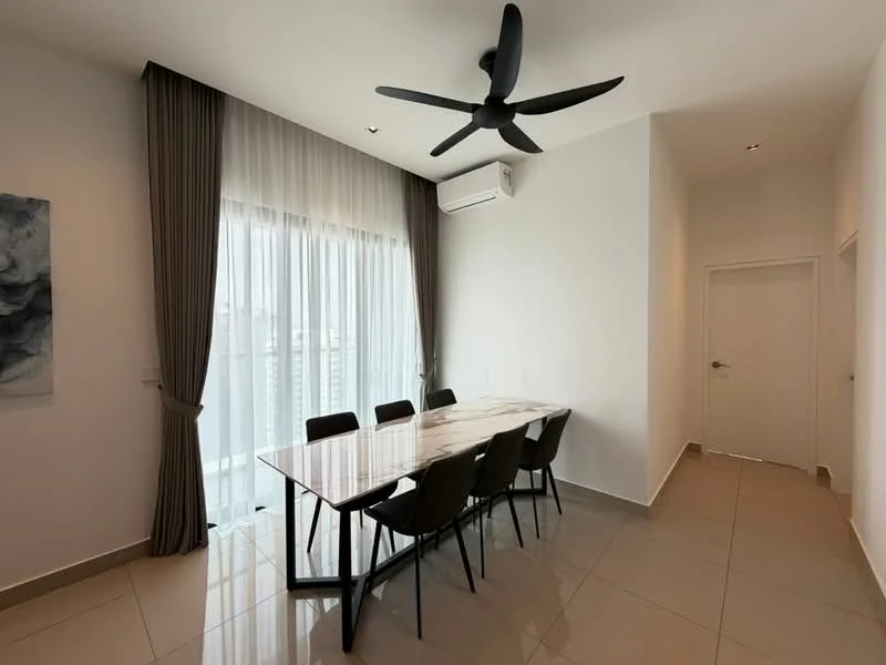 Dining features: rectangular dining table with marble top, 6 upholstered dining chairs in black, 5-blade ceiling fan with light, floor-to-ceiling windows, sheer curtains, white painted walls, cream tiled flooring, wall-mounted split AC; style: modern; view: city.