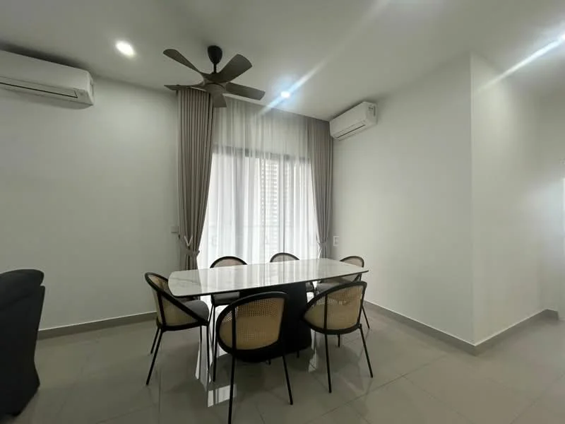 Dining features: rectangular dining table with white surface, 6 dining chairs with rattan seats, 2 wall-mounted split AC units, 5-blade ceiling fan, large window with sheer curtains, light grey tiled flooring, white painted walls, recessed ceiling lights; style: modern.
