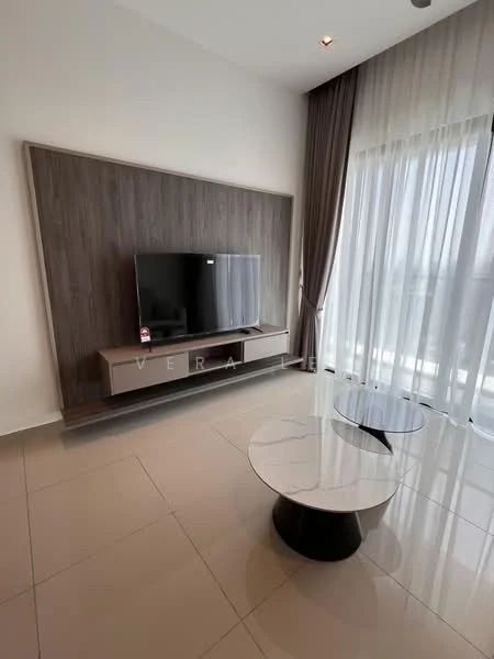 Living features: wall-mounted TV, wood feature wall, light-colored cabinetry, round coffee table with black base, large floor-to-ceiling windows, sheer curtains, grey tiled flooring, recessed ceiling lights; style: modern; view: city.