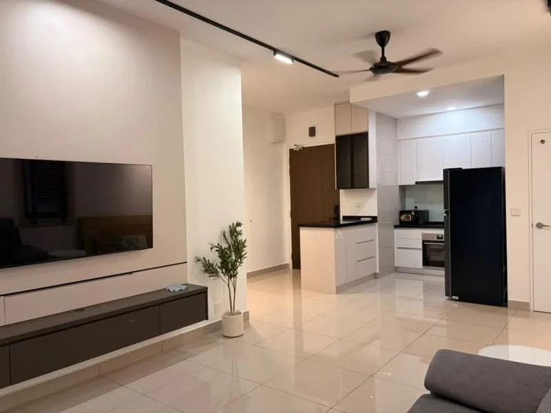 Living features: grey fabric sofa, wall-mounted TV, TV console with storage, white painted walls, recessed downlights, 5-blade ceiling fan, tile flooring, decorative plant in pot, open layout to kitchen; style: modern. Kitchen features: white cabinetry, black countertop, built-in oven, stainless-steel fridge, microwave, ceramic cooktop, sink with faucet, tile backsplash, open shelving; style: modern.
