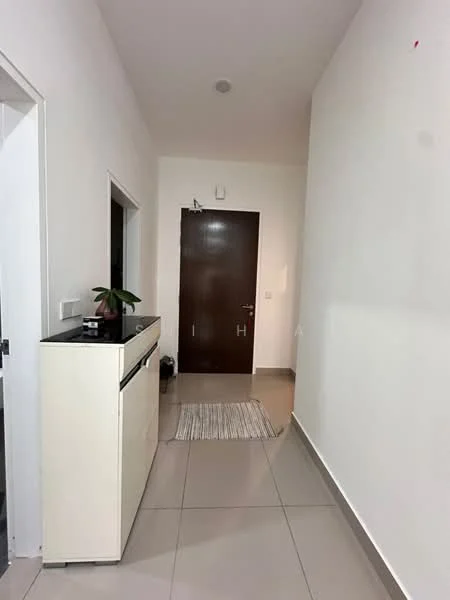 Hallway features: white painted walls, grey tiled flooring, wooden door, black countertop console table, small indoor plant, doormat, light ceiling, recessed lighting; style: modern.