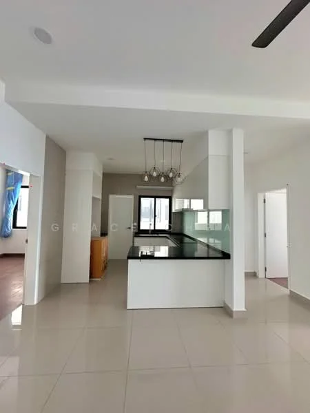 Kitchen features: black granite countertop, island counter, pendant lighting with multiple bulbs, white painted walls, cream tiled flooring, floor-to-ceiling windows, open layout, built-in cabinetry, recessed ceiling lights; style: modern.