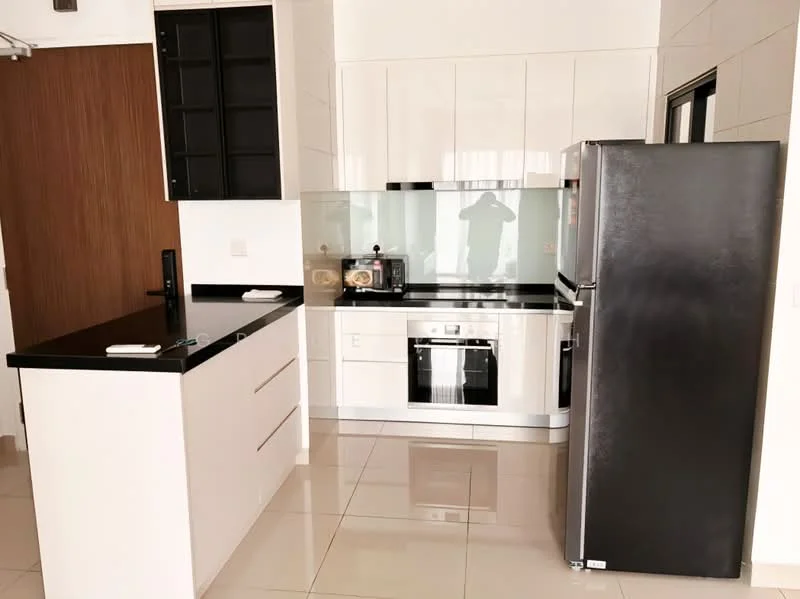 Kitchen features: black granite countertop, white cabinetry with flat-panel design, built-in oven, stainless-steel fridge, glass backsplash, single-bowl stainless-steel sink, chrome pull-down faucet, ceramic tile flooring, recessed downlights, open shelving, microwave, kitchen island with seating, wall-mounted cabinets; style: modern.