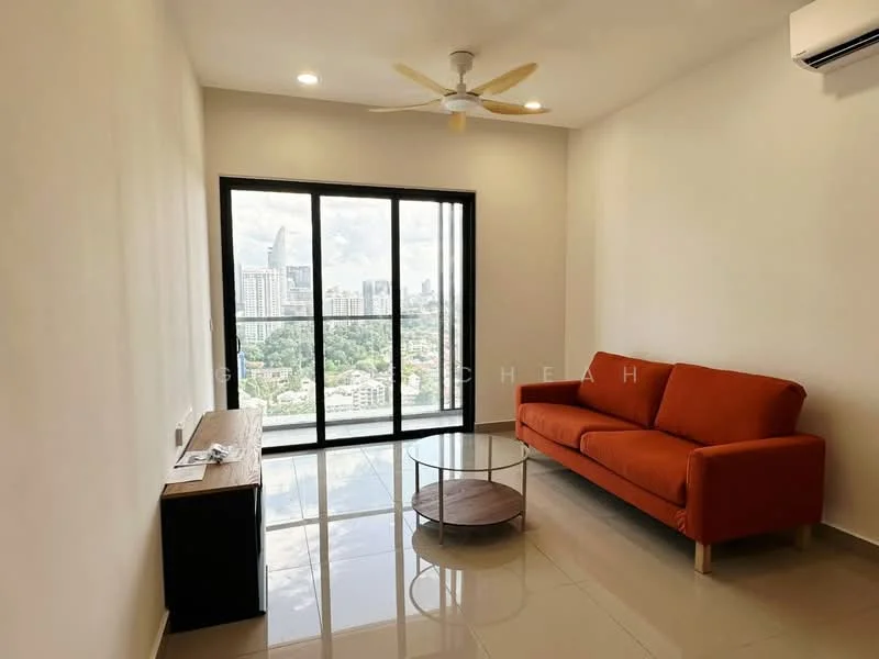 Living features: orange fabric sofa, round coffee table, floor-to-ceiling windows, city skyline view, white painted walls, glossy tile flooring, ceiling fan with light, air conditioning unit; style: modern; view: city.