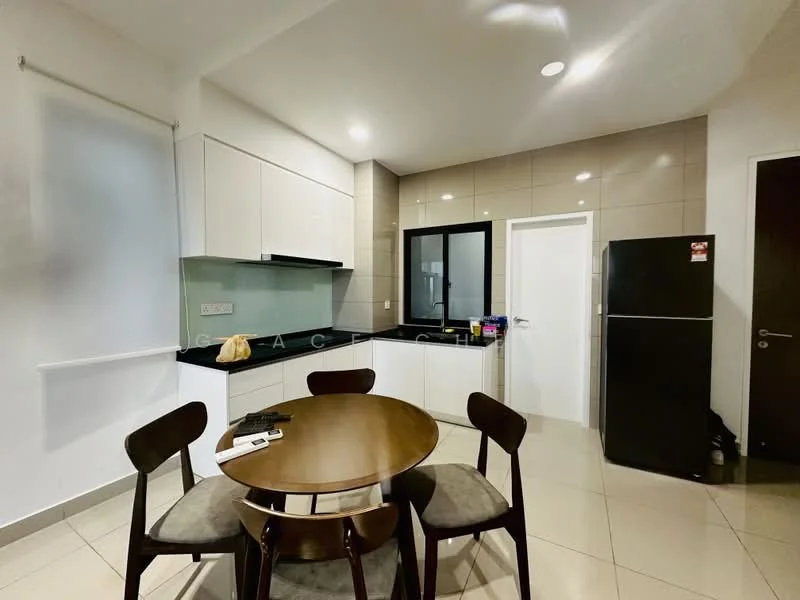 Kitchen features: white cabinetry, black granite countertop, glass backsplash, stainless-steel fridge, built-in oven, 4-burner gas hob, single-bowl stainless-steel sink, chrome pull-down faucet, dining table with 4 chairs, tile flooring, recessed downlights, window with black frame; style: modern.