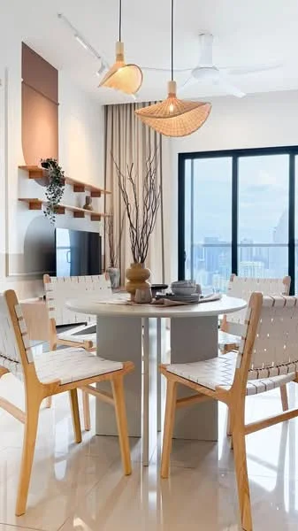 Dining features: round dining table, 4 wooden dining chairs, woven seat cushions, pendant lighting with woven shades, ceiling fan, decorative vase on table, table setting with plates and cutlery, large window with city view, light-colored curtains, wooden shelving unit on wall, wall-mounted TV; style: modern; view: city.