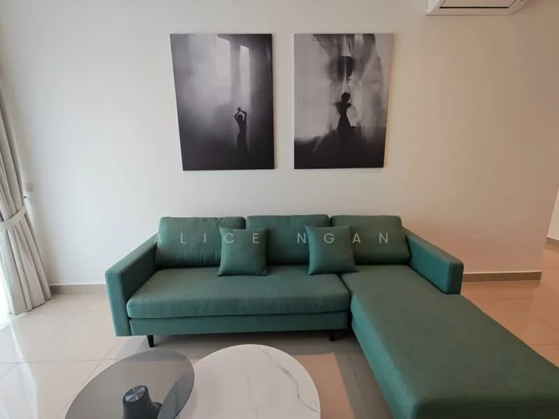 Living features: L-shape sectional sofa in teal, decorative cushions, round marble coffee table, framed black and white artwork on walls, white painted walls, glossy tile flooring, air conditioning unit on ceiling, floor-to-ceiling windows with sheer curtains; style: modern.
