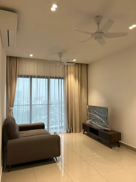 Living features: 2-seater fabric sofa in brown, wall-mounted TV, TV console with storage, floor-to-ceiling windows, sheer curtains, recessed LED downlights, 2 ceiling fans, white painted walls, glossy tile flooring, air conditioning unit; style: modern; view: city.