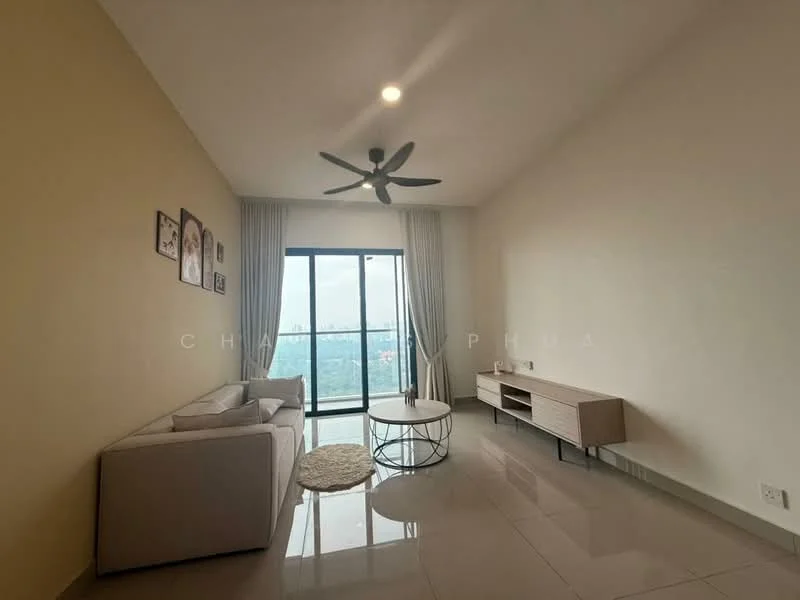 Living features: light grey fabric sofa, round coffee table, TV console, floor-to-ceiling windows, city view, 5-blade ceiling fan with light, white walls, glossy tile flooring, curtains, decorative wall art; style: modern; view: city.